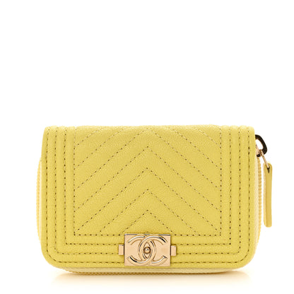 Chanel Caviar Chevron Quilted Boy Zip Around Coin Purse Wallet Yellow 1 of 8