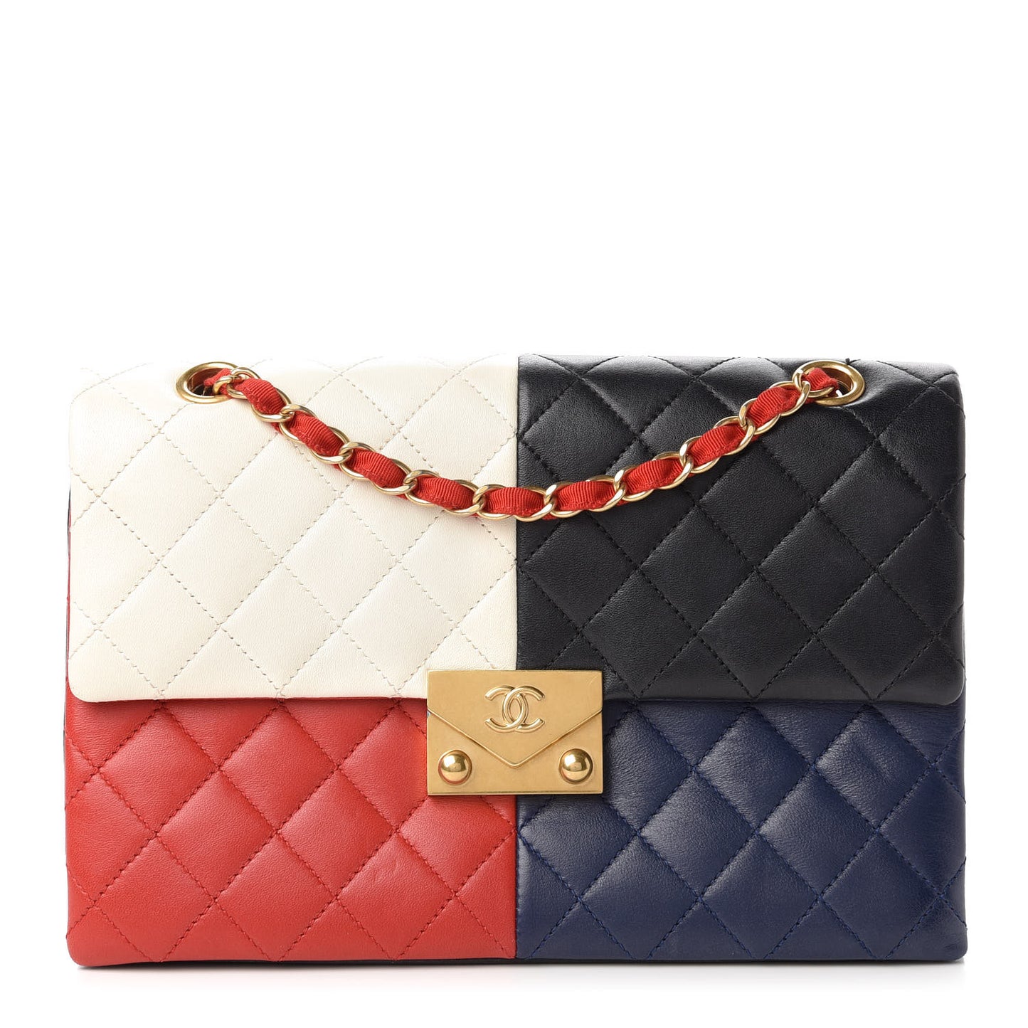 Lambskin Quilted Colorblock Pagoda Flap Black White Red Navy