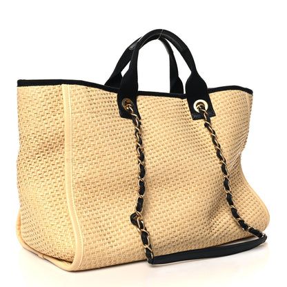 Chanel Straw Raffia Calfskin Chain Medium Deauville Tote Beige Black 3 of 11