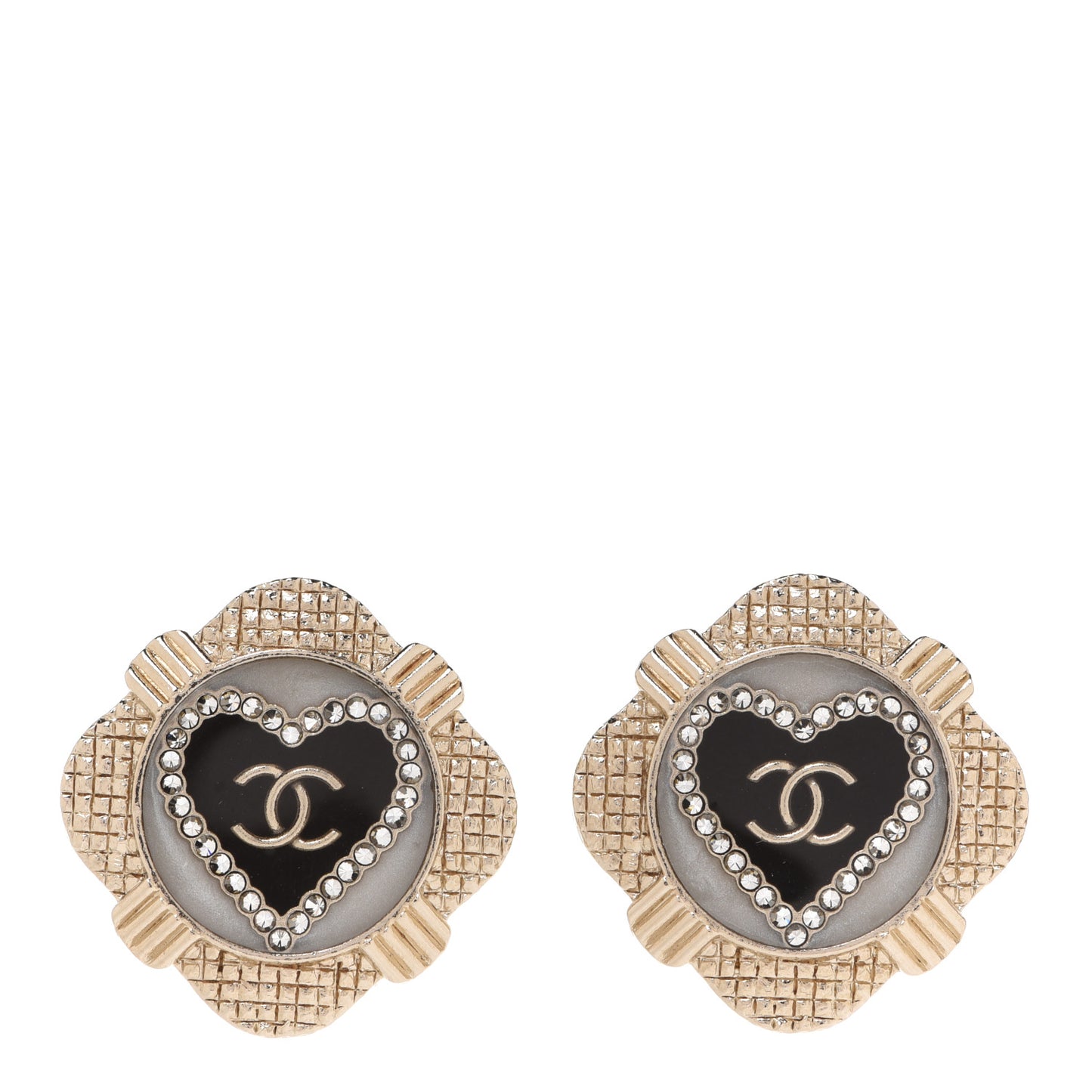 Resin Crystal Quilted CC Heart Earrings Gold Black