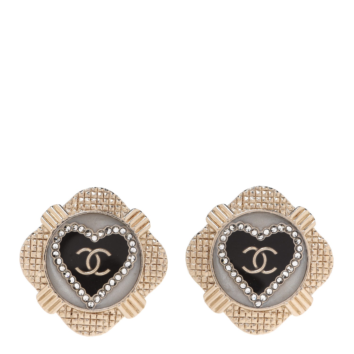 Chanel Resin Crystal Quilted CC Heart Earrings Gold Black 1 of 5