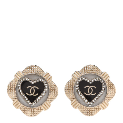Chanel Resin Crystal Quilted CC Heart Earrings Gold Black 1 of 5