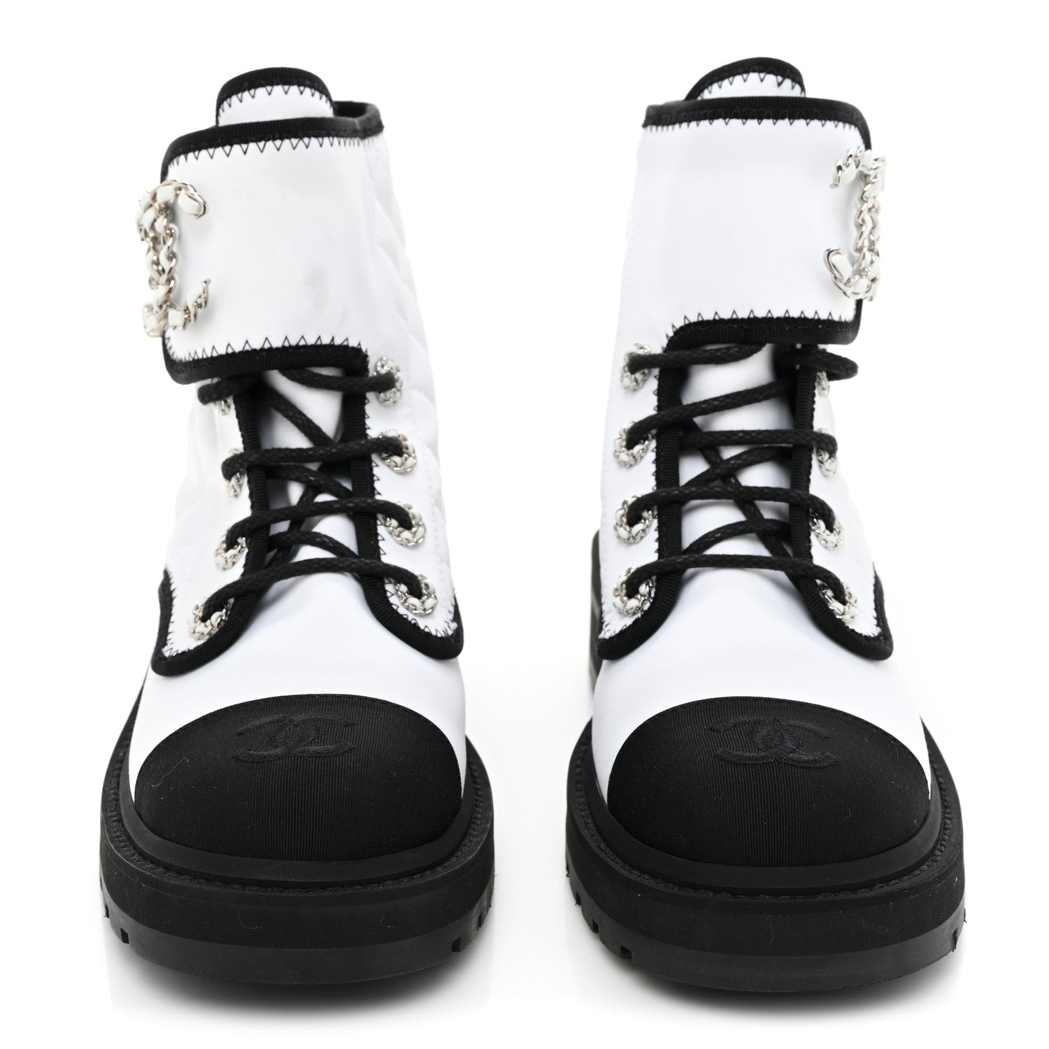 Chanel Fabric Grosgrain Quilted Cap Toe Lace Up Combat Boots 37 White Black 2 of 11