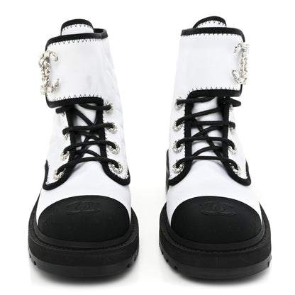 Chanel Fabric Grosgrain Quilted Cap Toe Lace Up Combat Boots 37 White Black 2 of 11