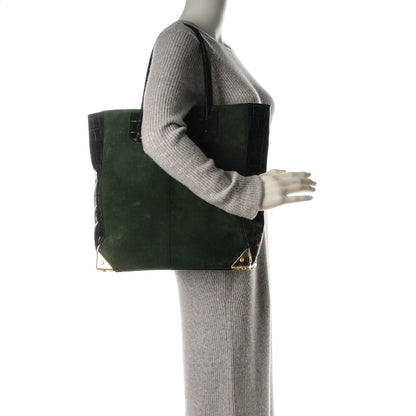 Alexander Wang Suede Calfskin Crocodile Embossed Prisma Skeletal Tote Serpentine Green Pale Gold Hardware 2 of 6