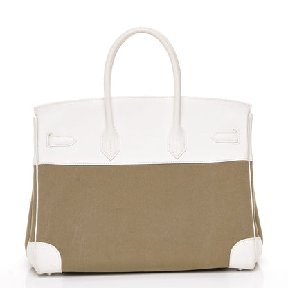 Hermes Swift Toile Birkin 35 Blanc Vert Miliatire 5 of 27