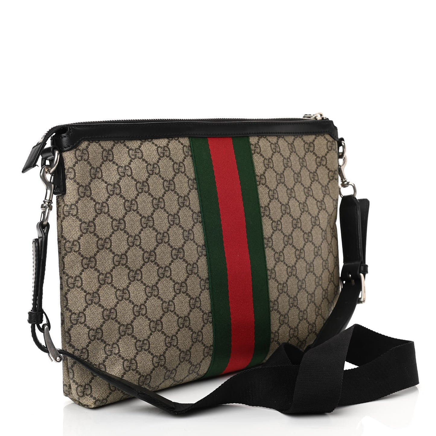 GG Supreme Monogram Calfskin Web Medium Flat Messenger Bag Beige Ebony Black