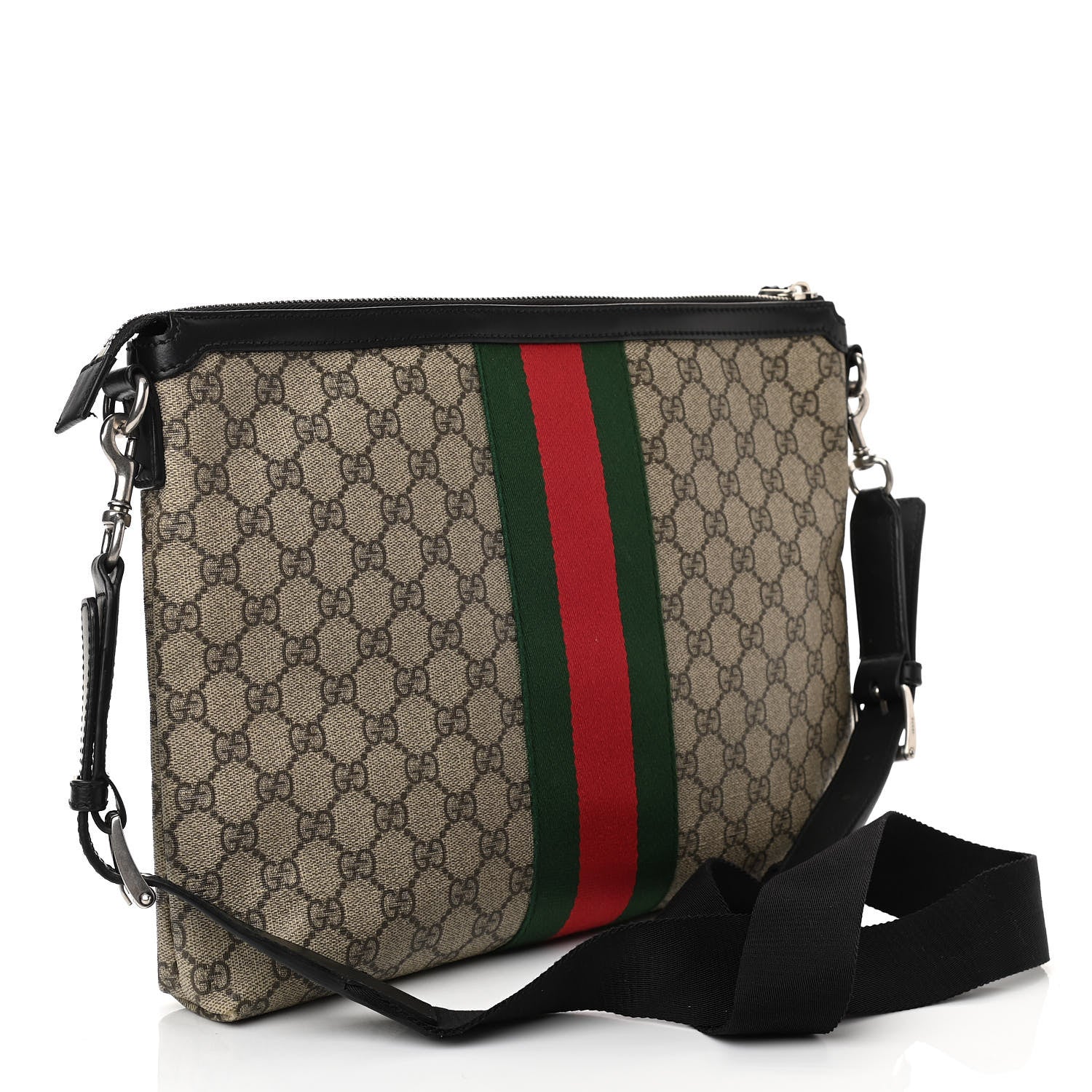 Gucci GG Supreme Monogram Calfskin Web Medium Flat Messenger Bag Beige Ebony Black 3 of 11