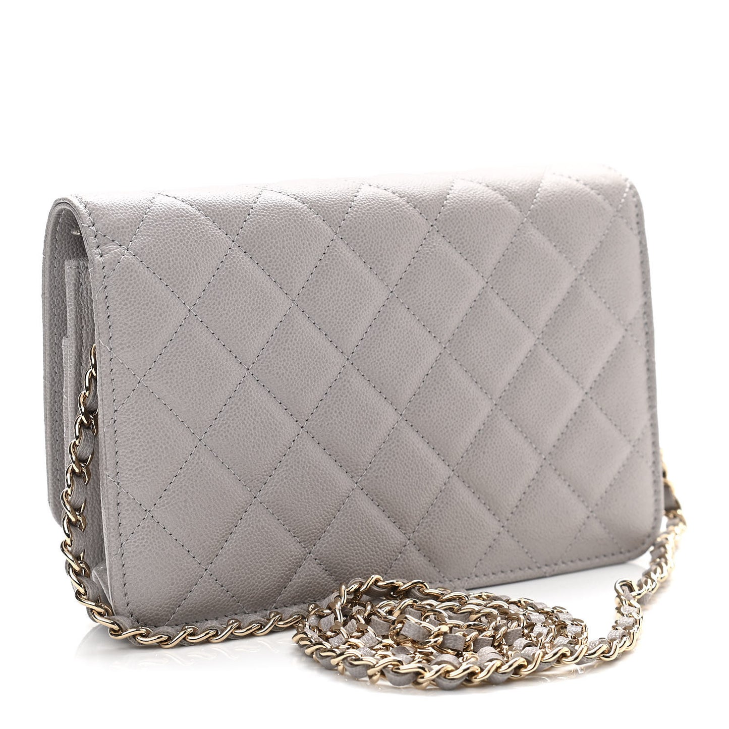 Caviar Quilted Studded CC Wallet On Chain WOC Grey