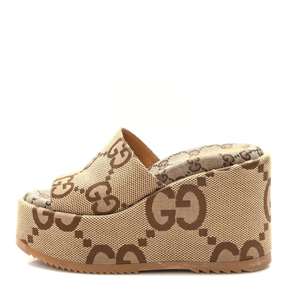 Gucci Monogram Jumbo GG Platform Slide Wedge Sandals 37.5 Camel Ebony 1 of 7