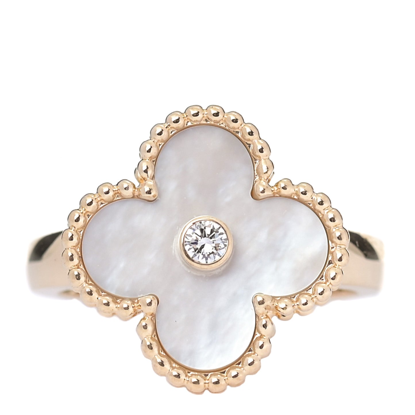 18K Yellow Gold Diamond Mother of Pearl Vintage Alhambra Ring 49 5