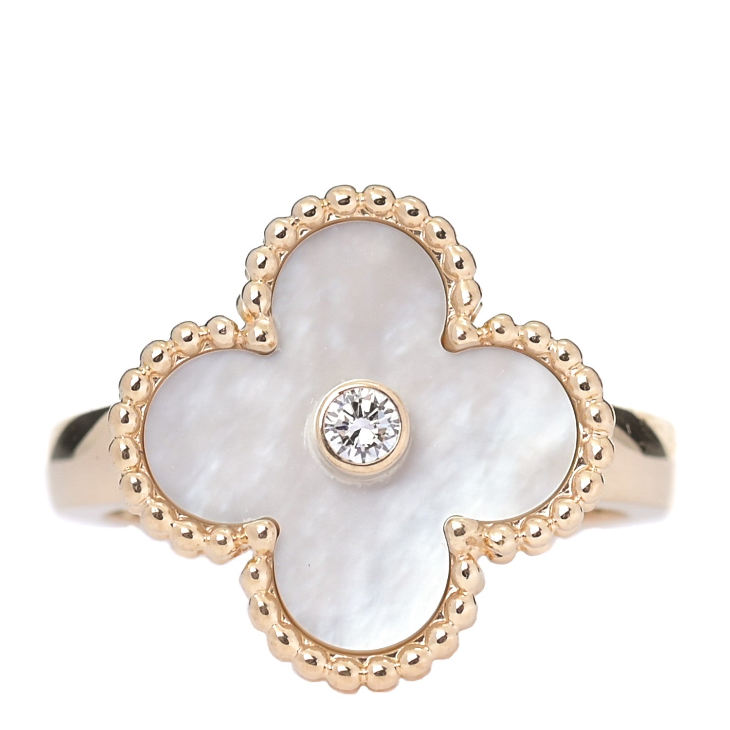 Van Cleef & Arpels 18K Yellow Gold Diamond Mother of Pearl Vintage Alhambra Ring 49 5 1 of 6
