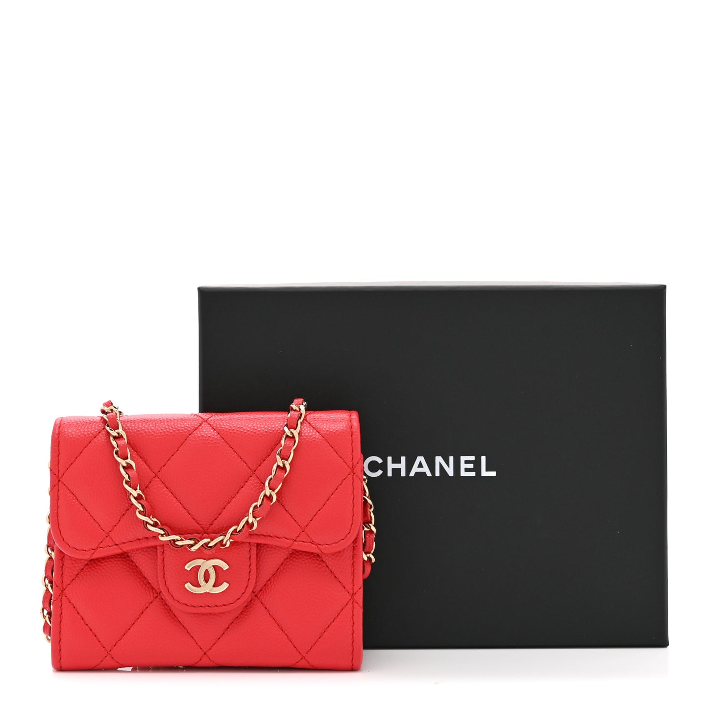 Caviar Quilted Flap Card Holder On Chain Red
