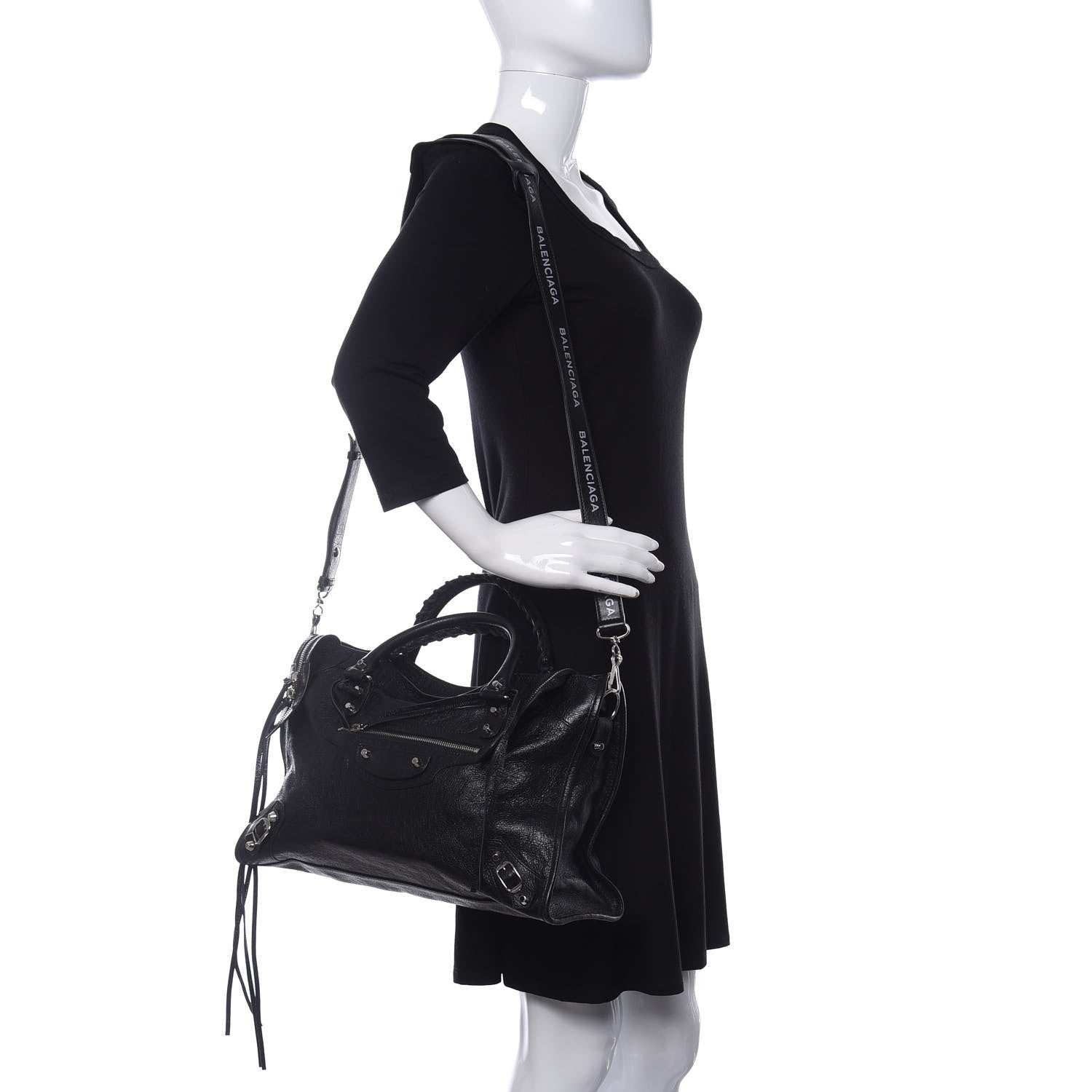 Balenciaga Agneau Classic Silver Hardware City Logo Strap Black White 2 of 9