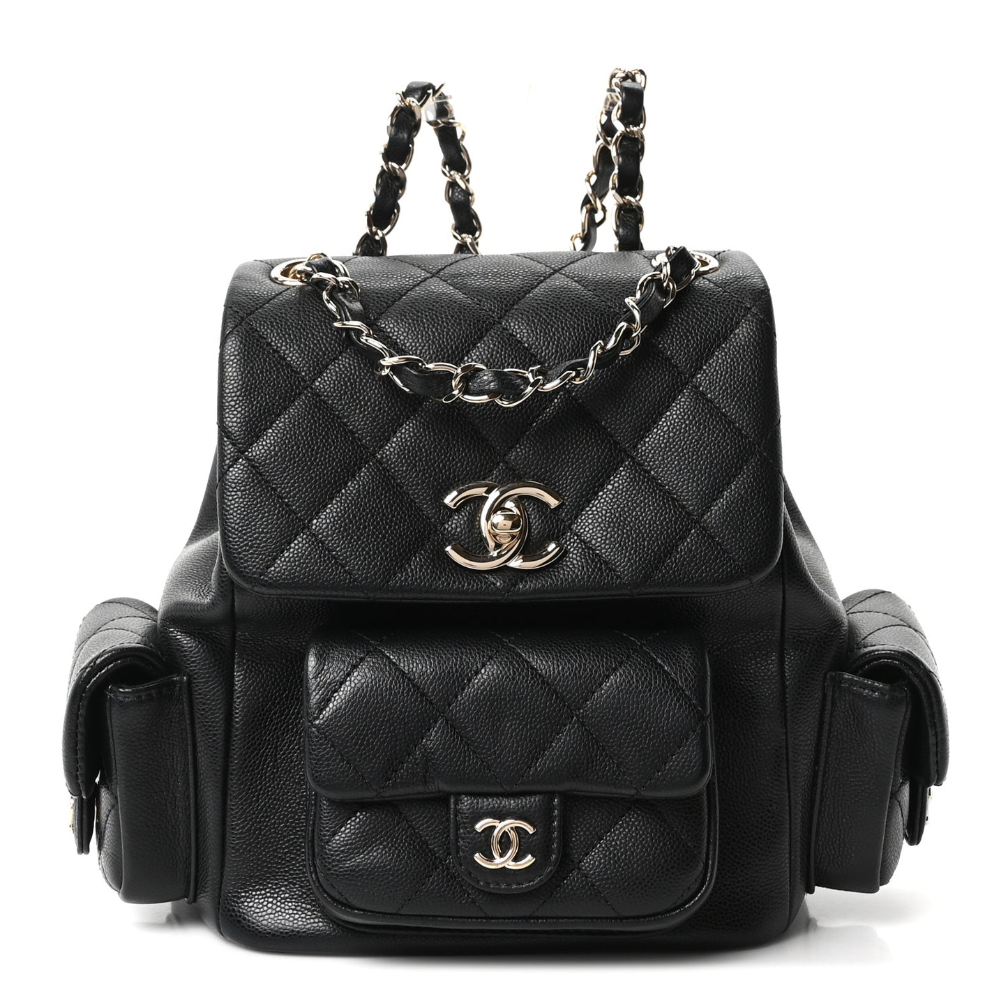 Shiny Caviar Quilted Small Pockets Drawstring Backpack Black