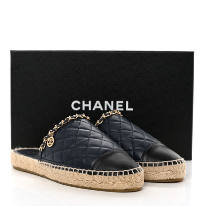 Chanel Lambskin Grosgrain Quilted CC Chain Espadrille Mules 37 Navy Black 10 of 10