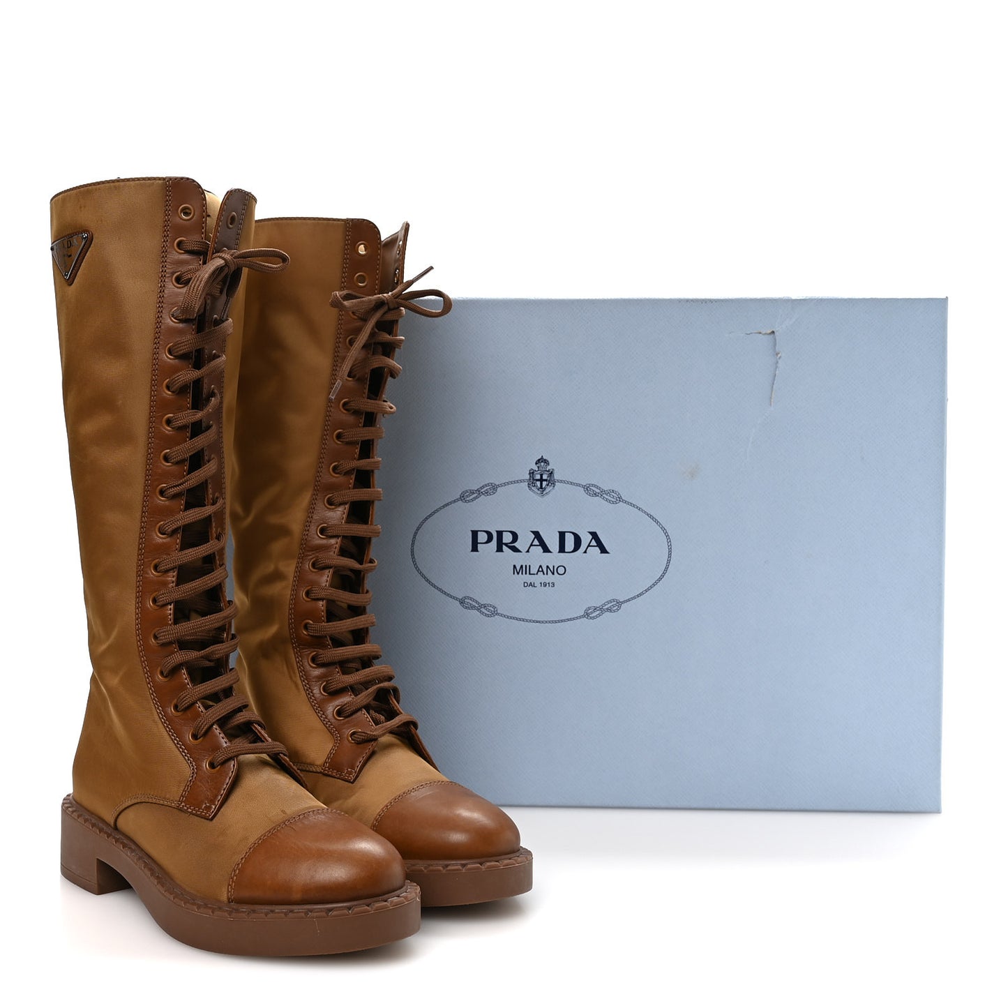Re-Nylon Spazzolato Rois Metal Triangle Logo Tall 50mm Combat Boots 35.5 Tobacco Brown