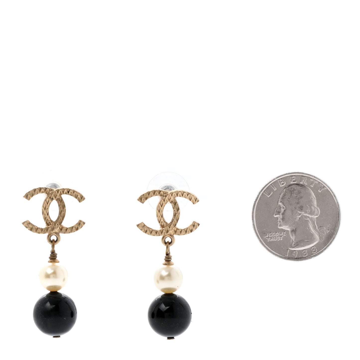 Pearl Bead CC Drop Earrings Black Gold