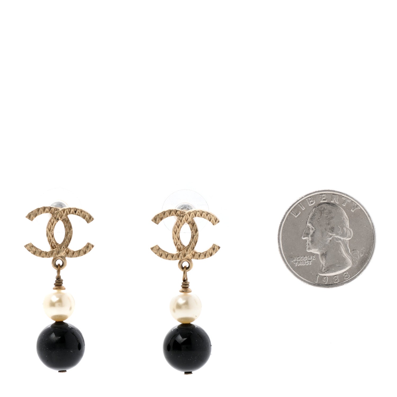 Chanel Pearl Bead CC Drop Earrings Black Gold 2 of 5