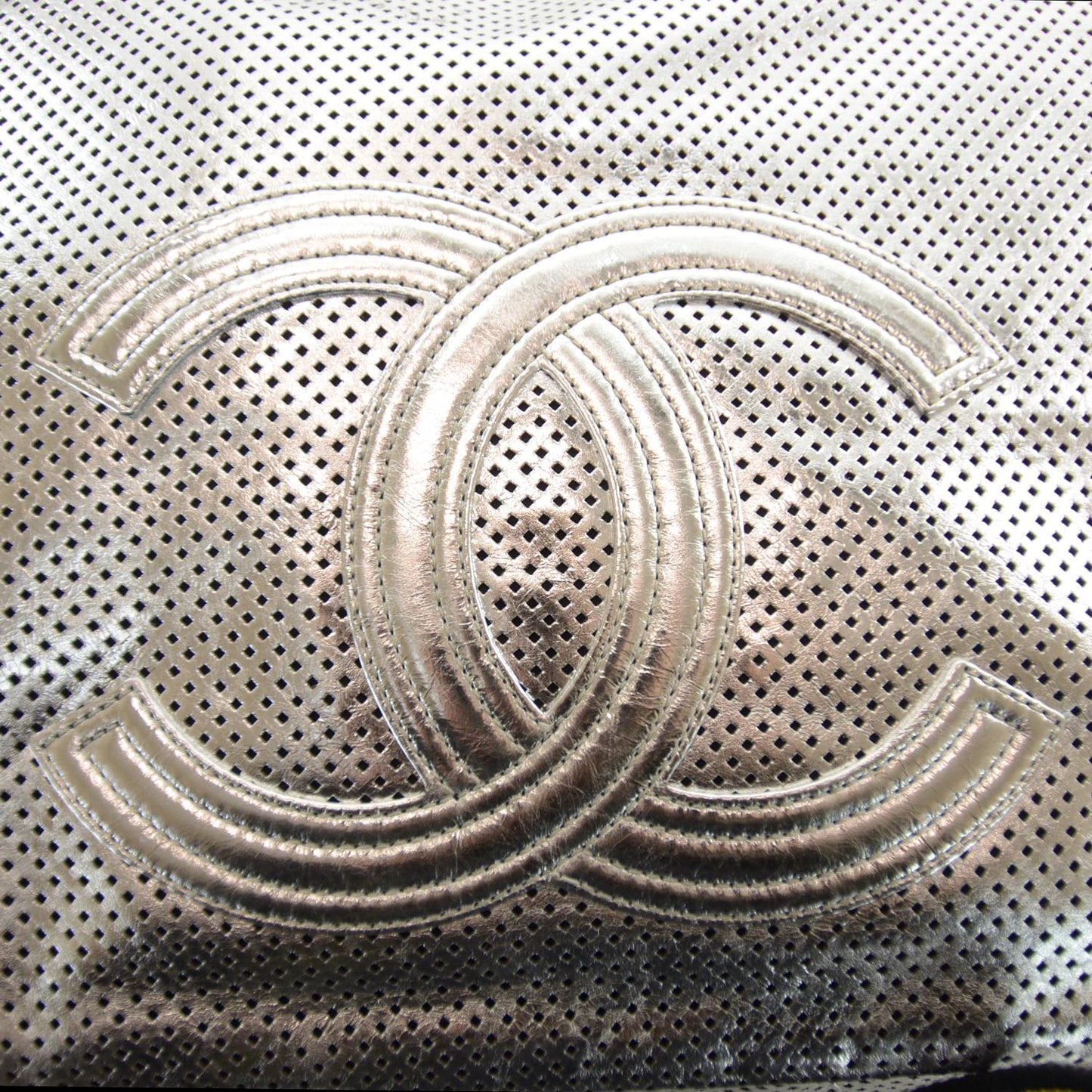 Metallic Glazed Calfskin Perforated XL Rodeo Drive Tote Silver