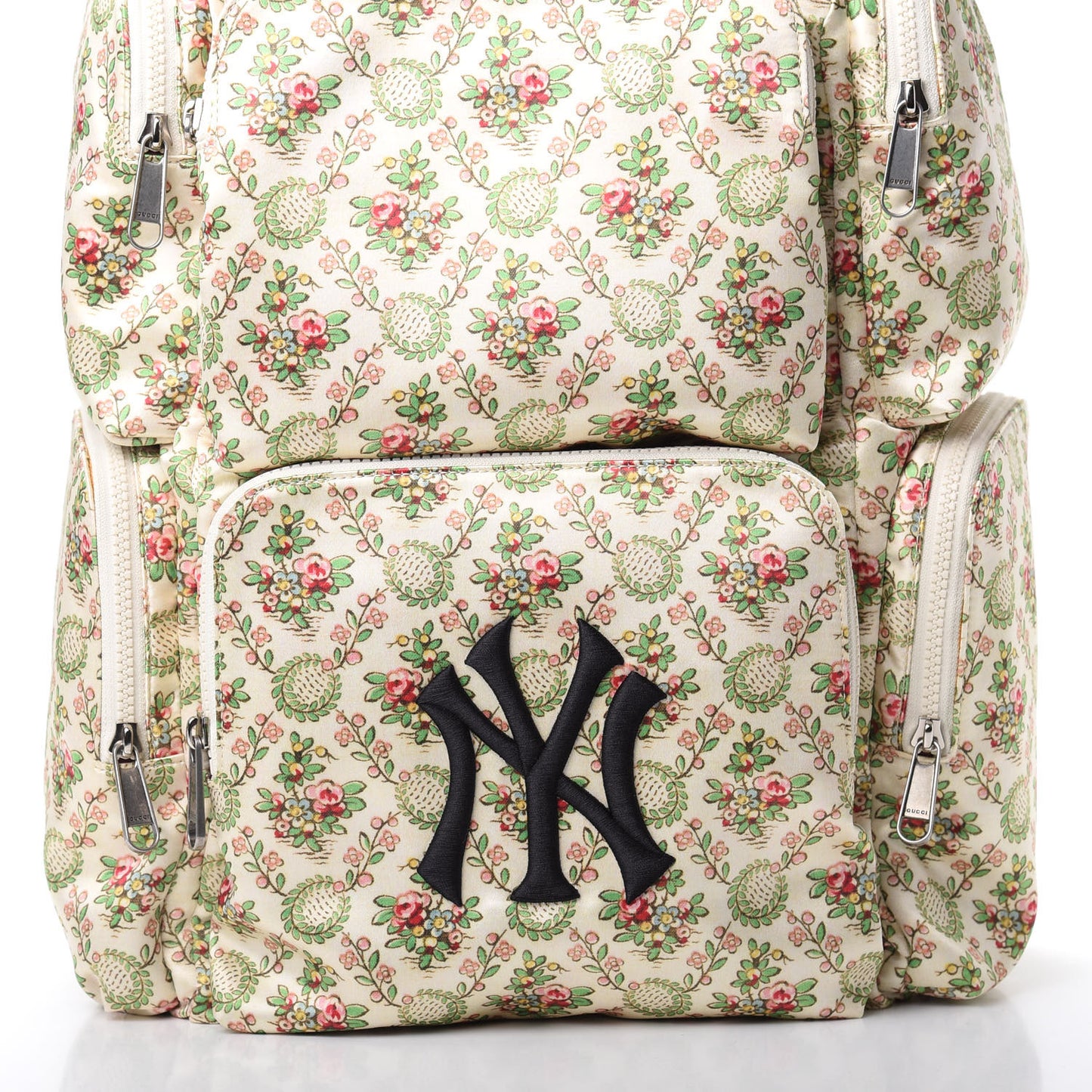 X MLB Satin Floral Print NY Yankees Patch Backpack Ivory Green