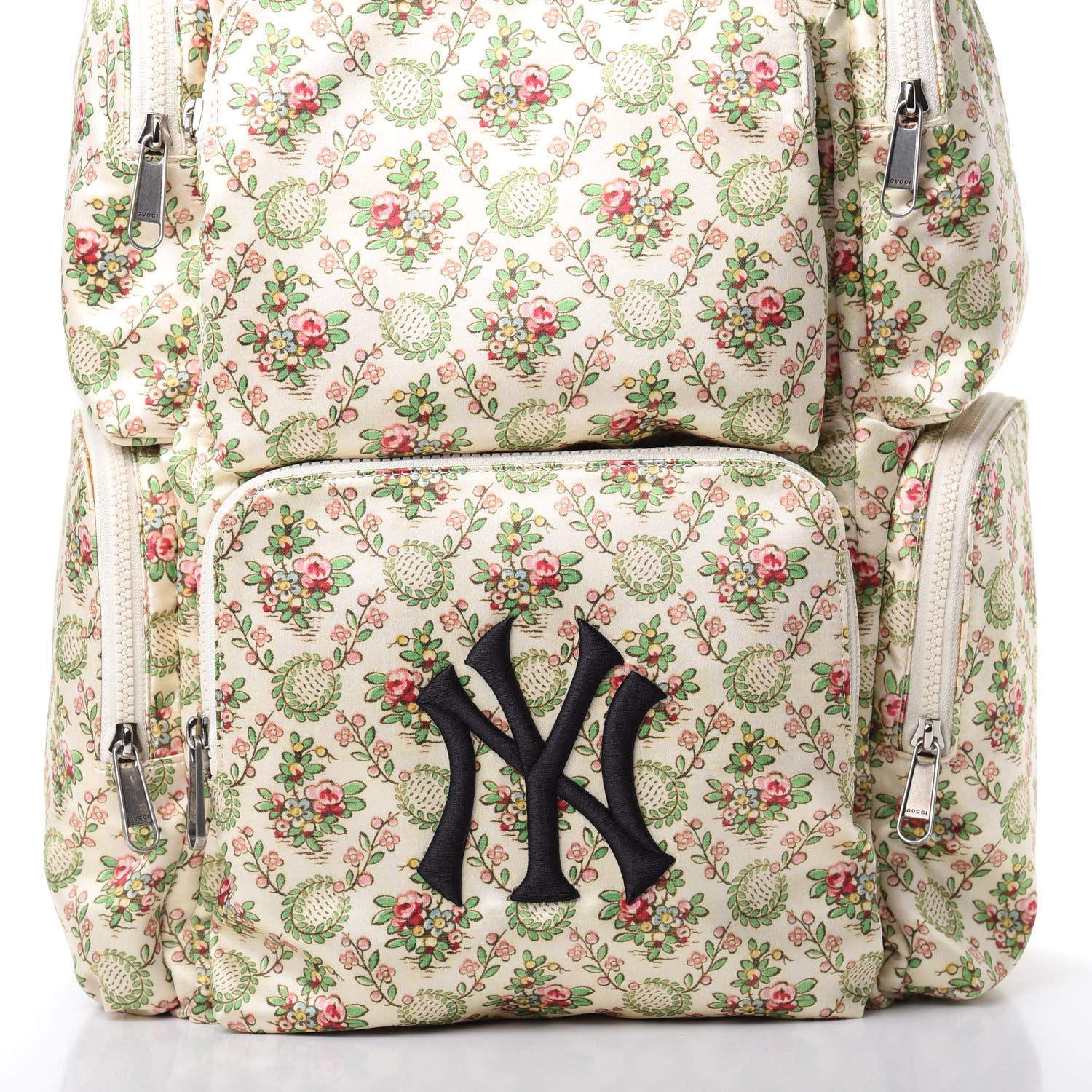 Gucci X MLB Satin Floral Print NY Yankees Patch Backpack Ivory Green 7 of 10