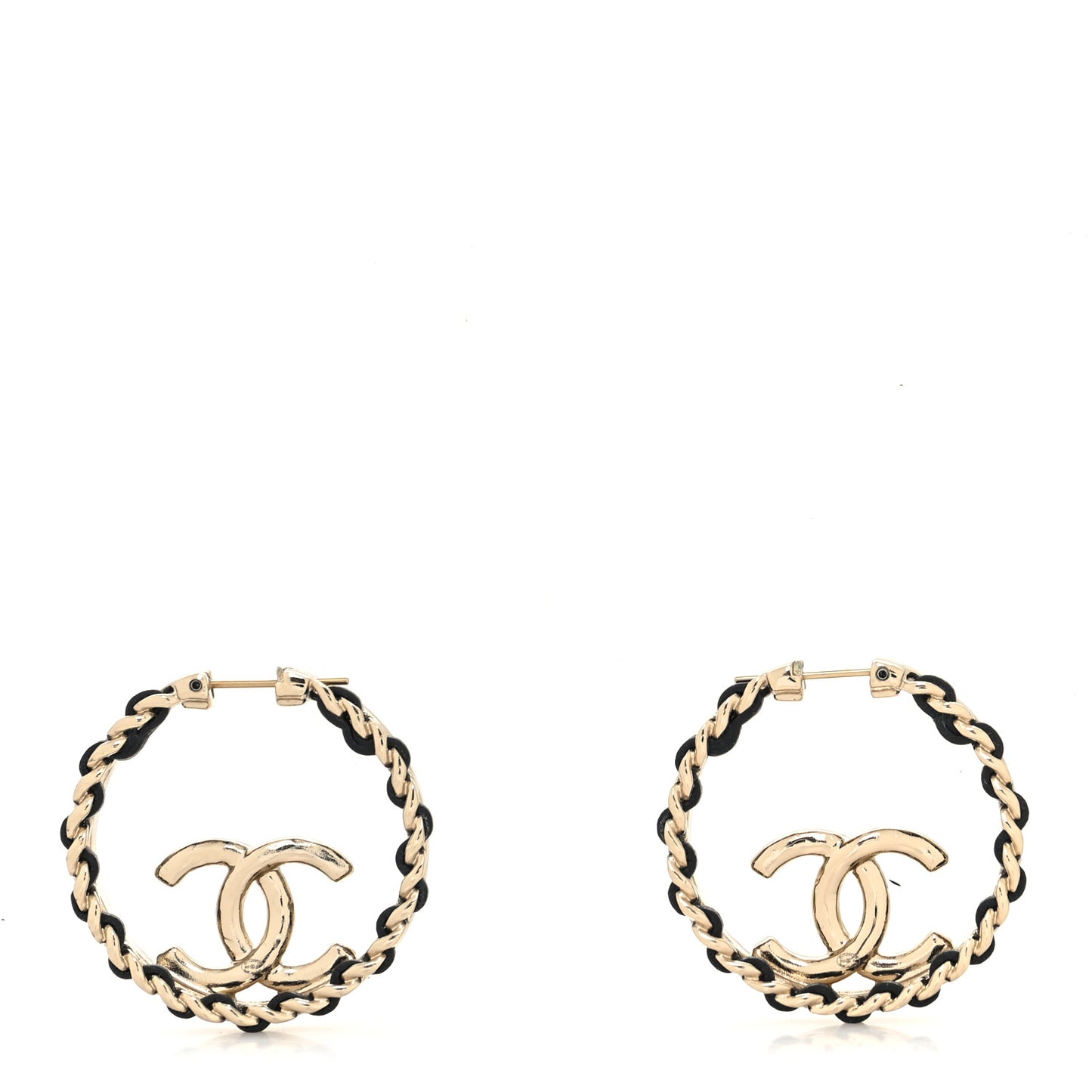 Lambskin CC Chain Hoop Earrings Black Gold