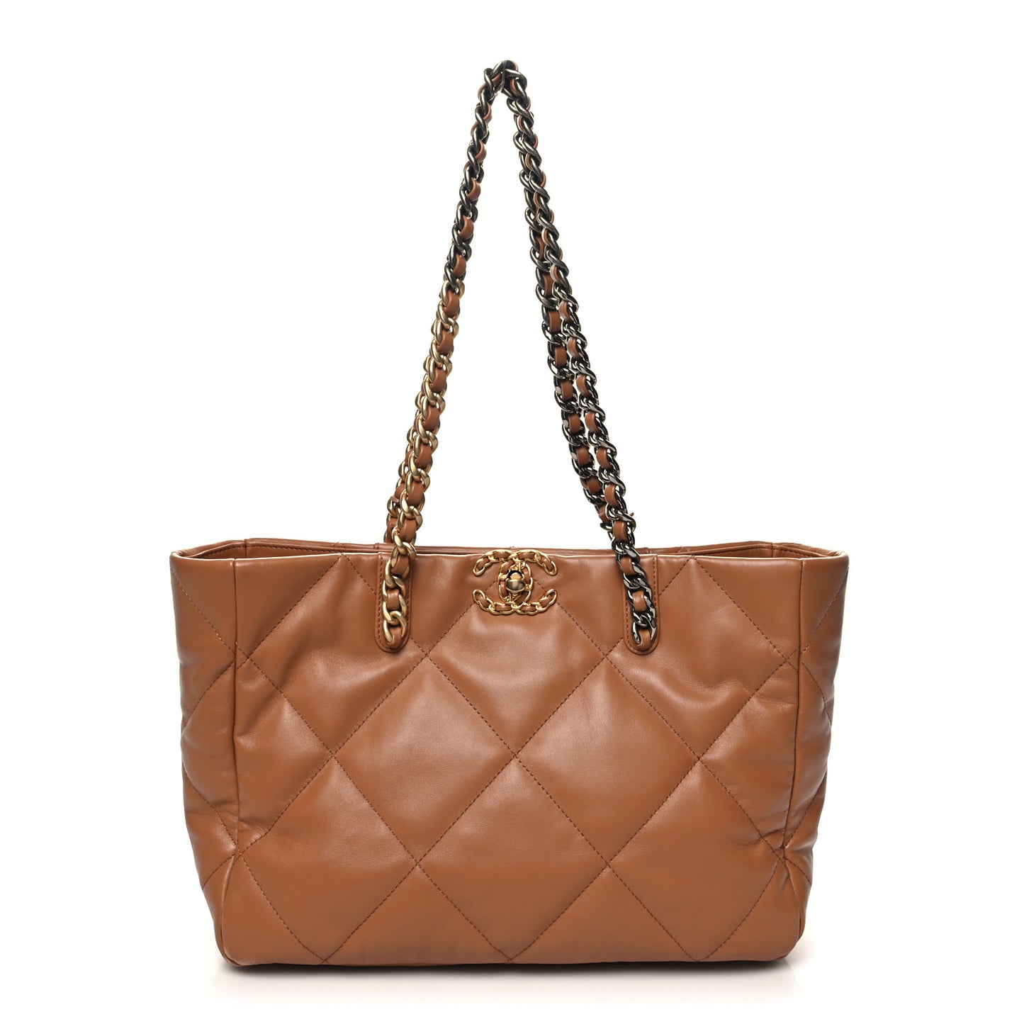 Lambskin Quilted Chanel 19 East West Shopping Bag Brown