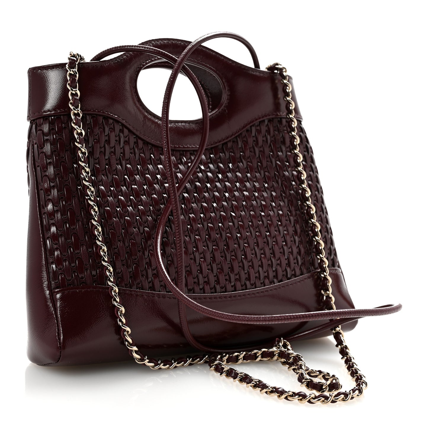 Shiny Lambskin Patent Calfskin Quilted Mini 31 Shopping Bag Dark Burgundy