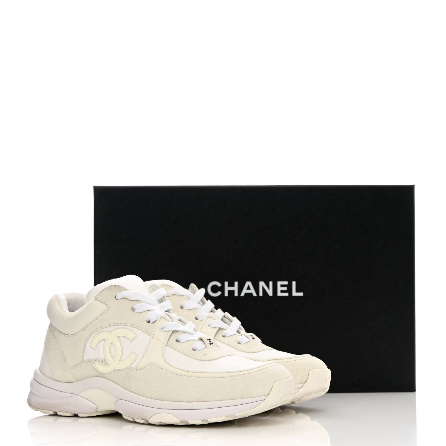 Chanel Suede Calfskin Fabric CC Sneakers 38 White 14 of 14