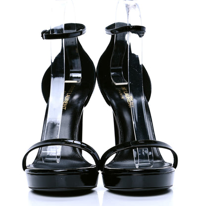 Saint Laurent Patent Calfskin Hall 105 Ankle Strap Platform Sandals 38.5 Black 2 of 5