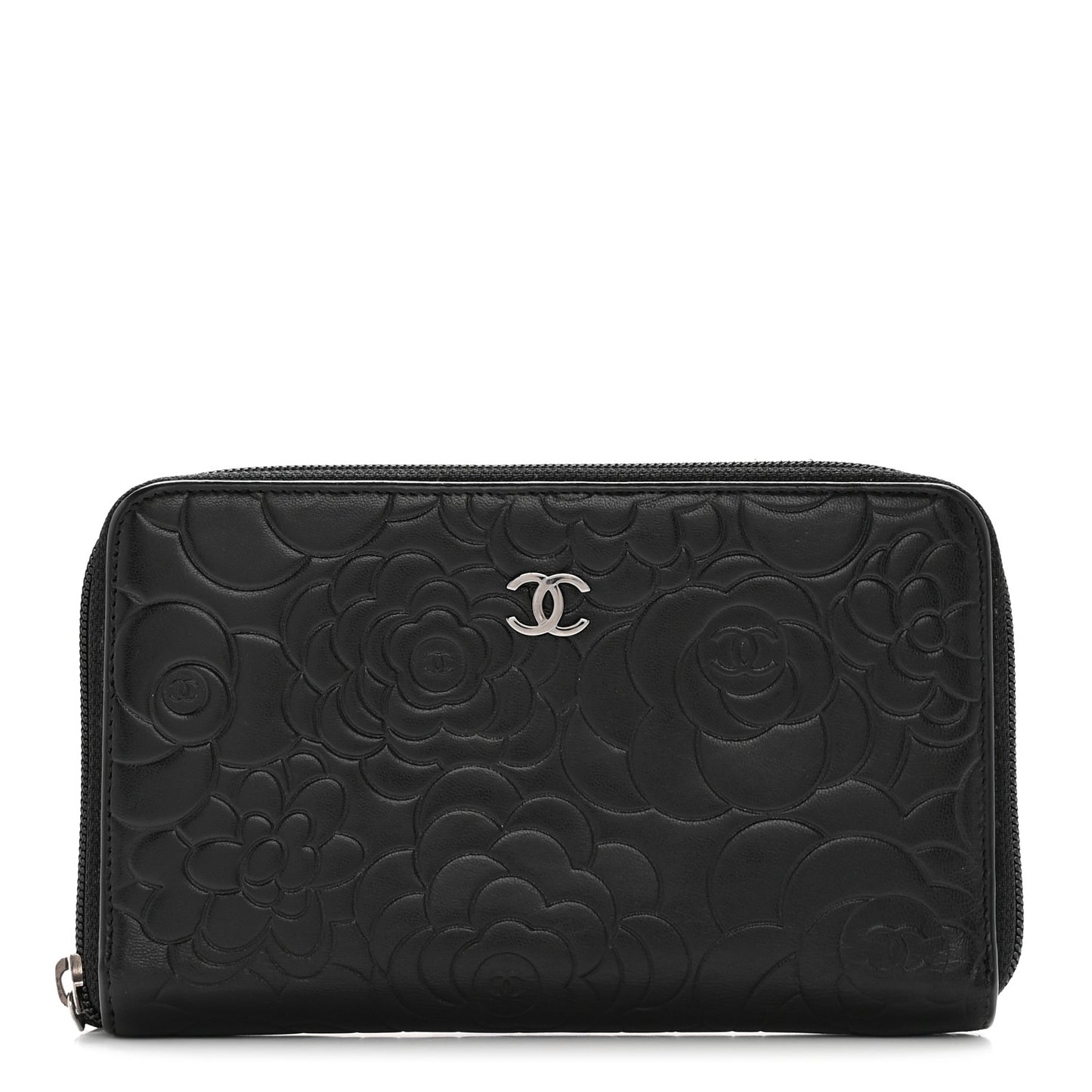 Lambskin Camellia Embossed Zip Around Organizer Wallet Black