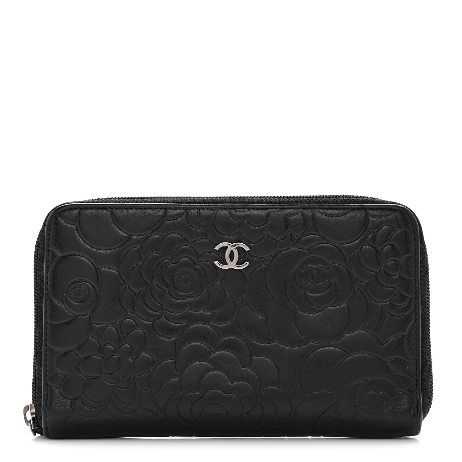 Chanel Lambskin Camellia Embossed Zip Around Organizer Wallet Black 1 of 16