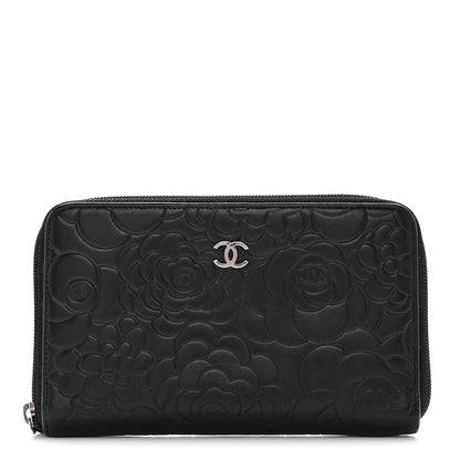 Chanel Lambskin Camellia Embossed Zip Around Organizer Wallet Black 1 of 16