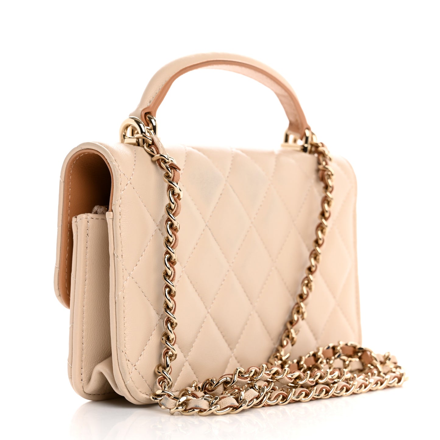 Lambskin Quilted Flap Phone Holder With Chain Ecru Dark Beige