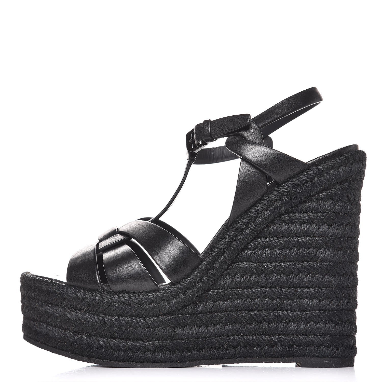 Saint Laurent Calfskin 85 Platform Espadrille Wedge Sandals 36 Black 1 of 8