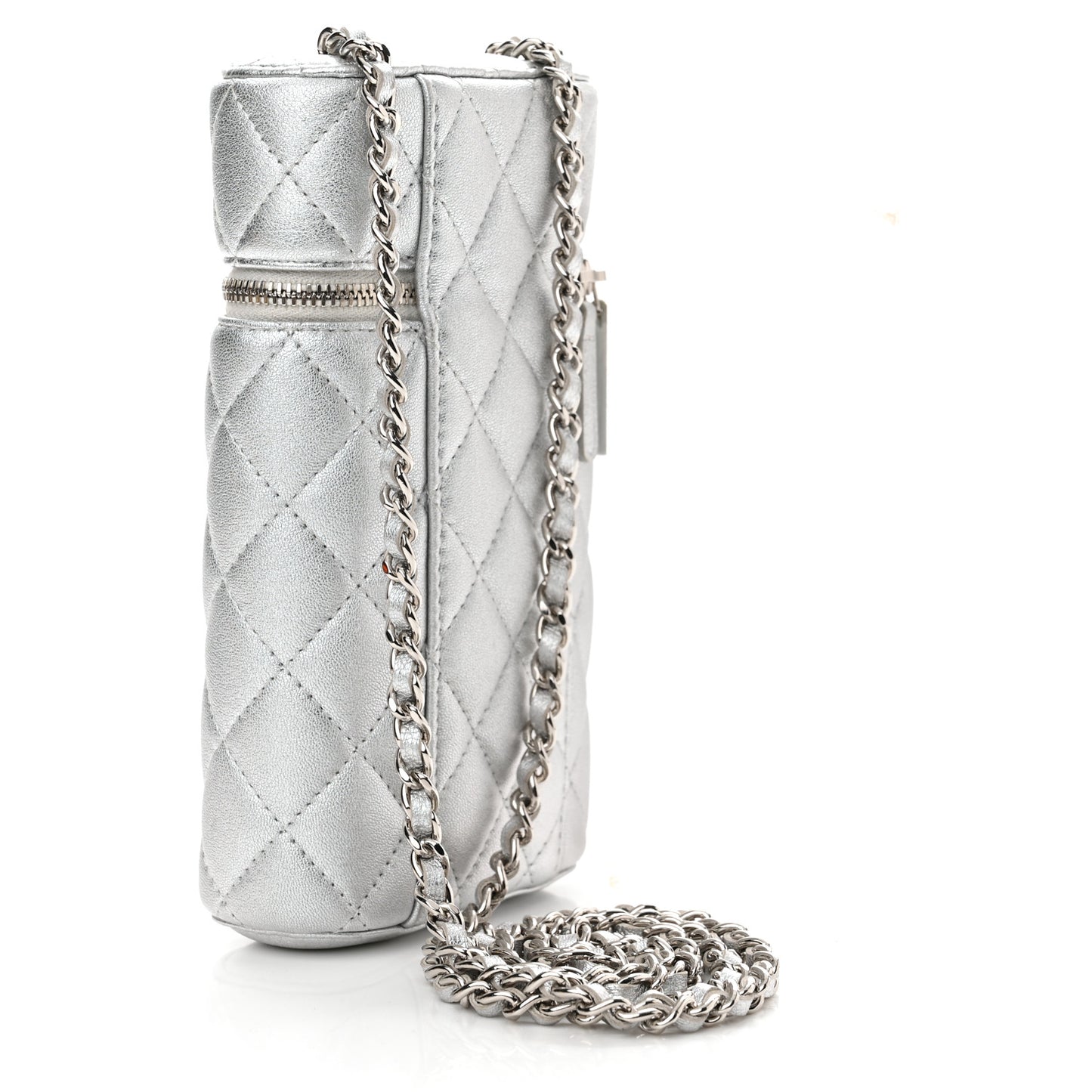 Metallic Lambskin Quilted Phone Holder With Chain Silver