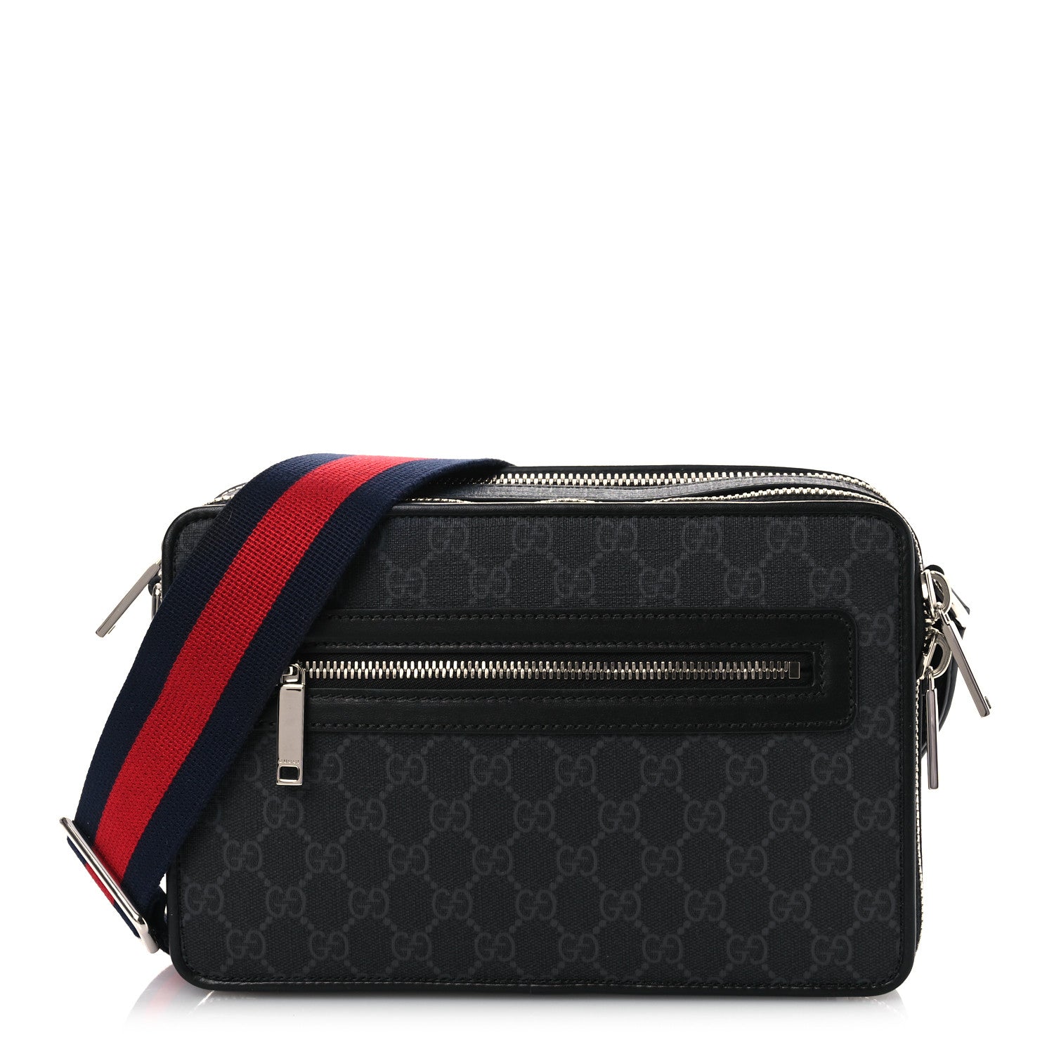 Gucci GG Supreme Monogram Calfskin Web Medium Crossbody Bag Black Grey 1 of 10