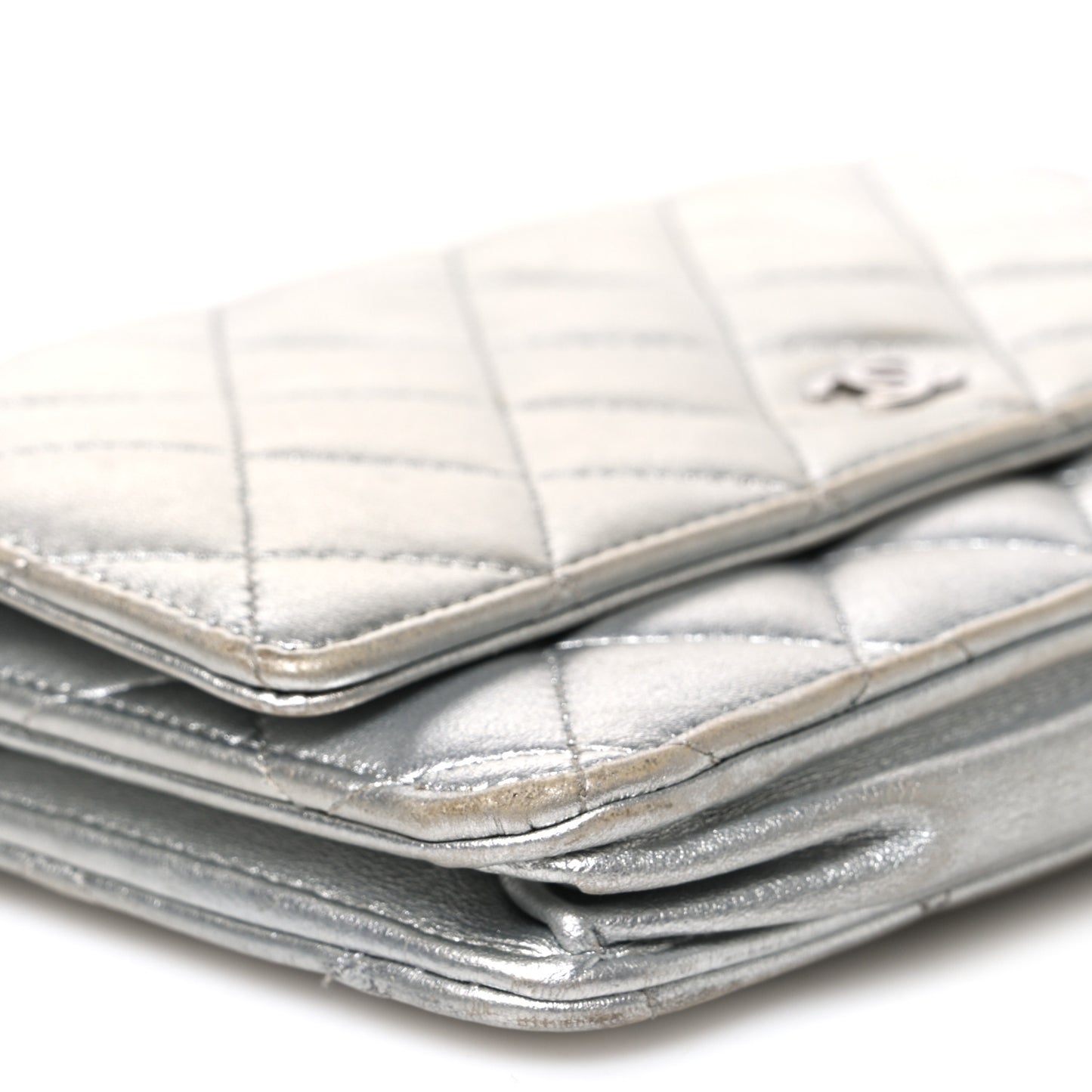 Metallic Lambskin Quilted Wallet On Chain WOC Silver