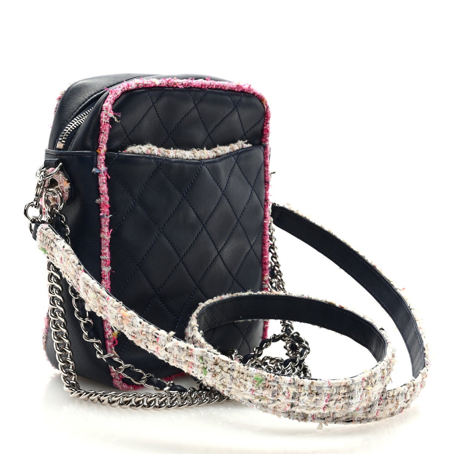 Chanel Lambskin Tweed Trim Vertical Camera Case Navy 3 of 9