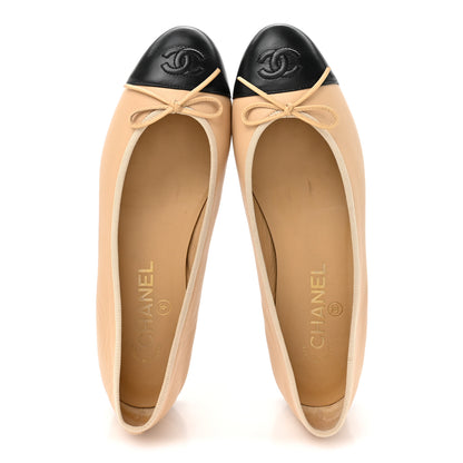 Chanel Lambskin Cap Toe CC Ballerina Flats 38 Beige Black 2 of 11
