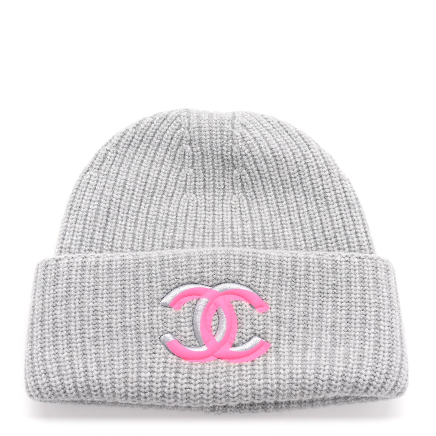 Chanel Wool Cashmere CC Beanie Hat Light Grey Fuchsia 1 of 10