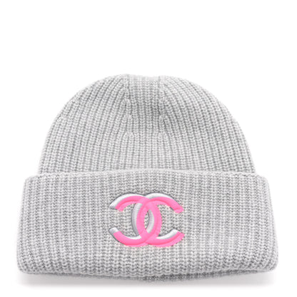 Chanel Wool Cashmere CC Beanie Hat Light Grey Fuchsia 1 of 10