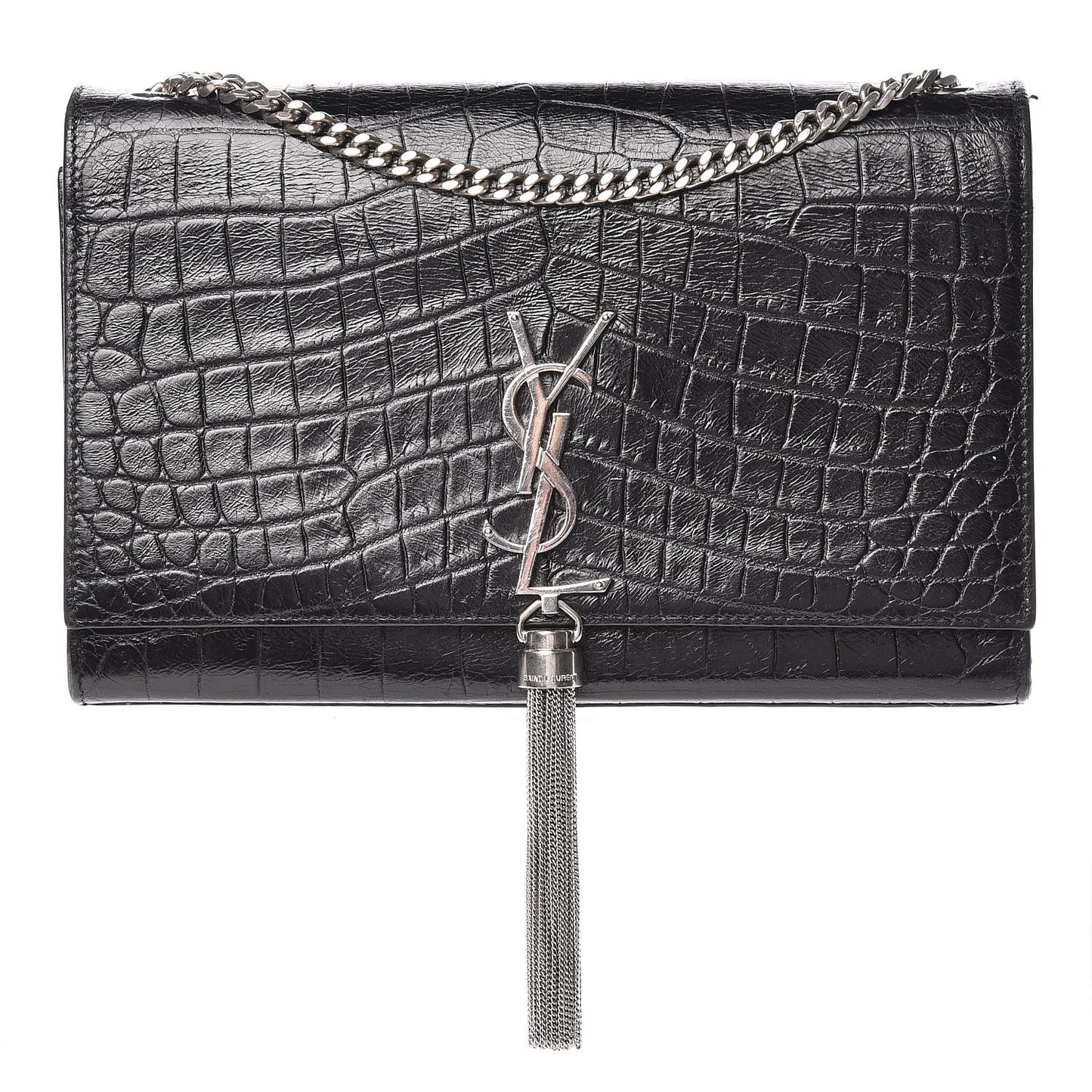 Calfskin Crocodile Embossed Medium Classic Monogram Kate Tassel Satchel Black