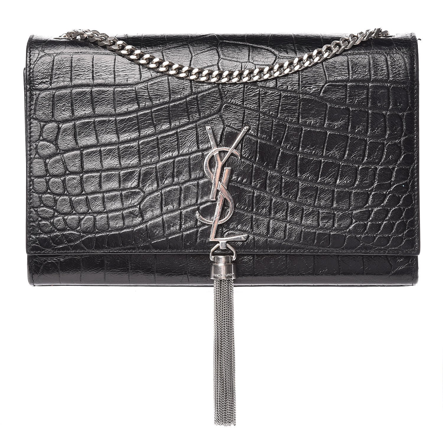 Saint Laurent Calfskin Crocodile Embossed Medium Classic Monogram Kate Tassel Satchel Black 1 of 11