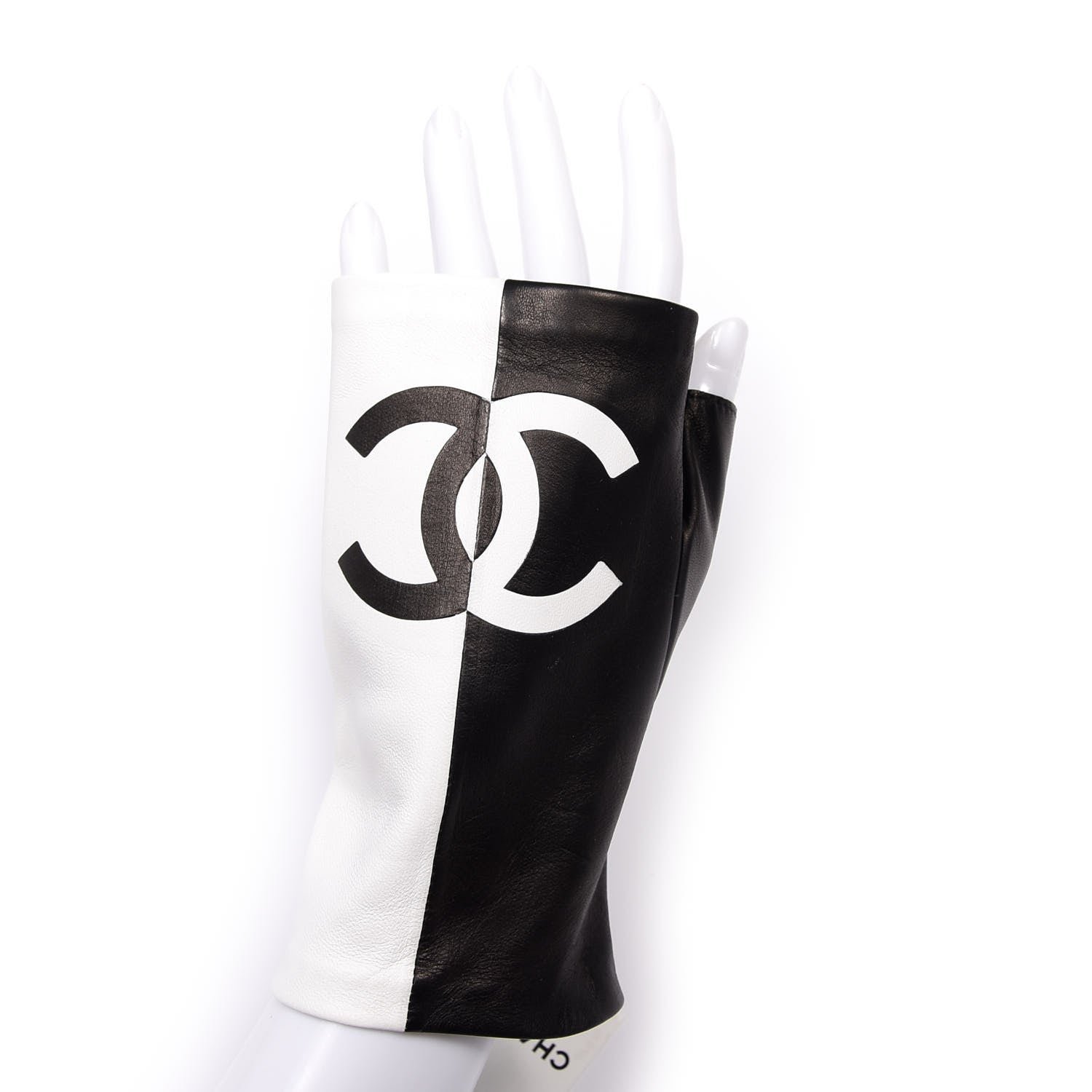 Chanel Lambskin CC Fingerless Gloves 8 Black White 5 of 5