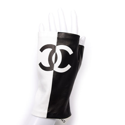 Chanel Lambskin CC Fingerless Gloves 8 Black White 5 of 5