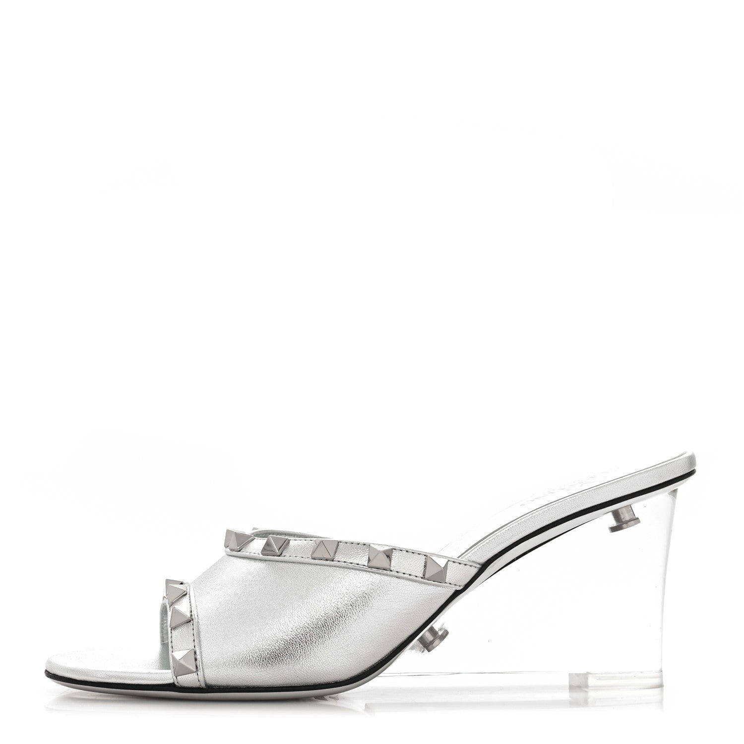 Valentino Garavani Metallic Lambskin Plexiglass Rockstud 75mm Wedge Sandals 37 Silver Transparent 1 of 9
