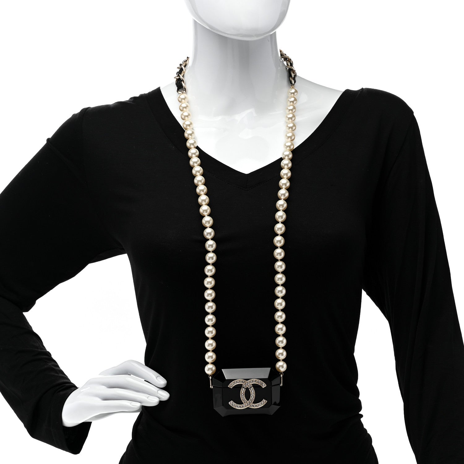 Chanel Resin Crystal Pearl Airpods Pro Holder Necklace Black Pearly White 2 of 7