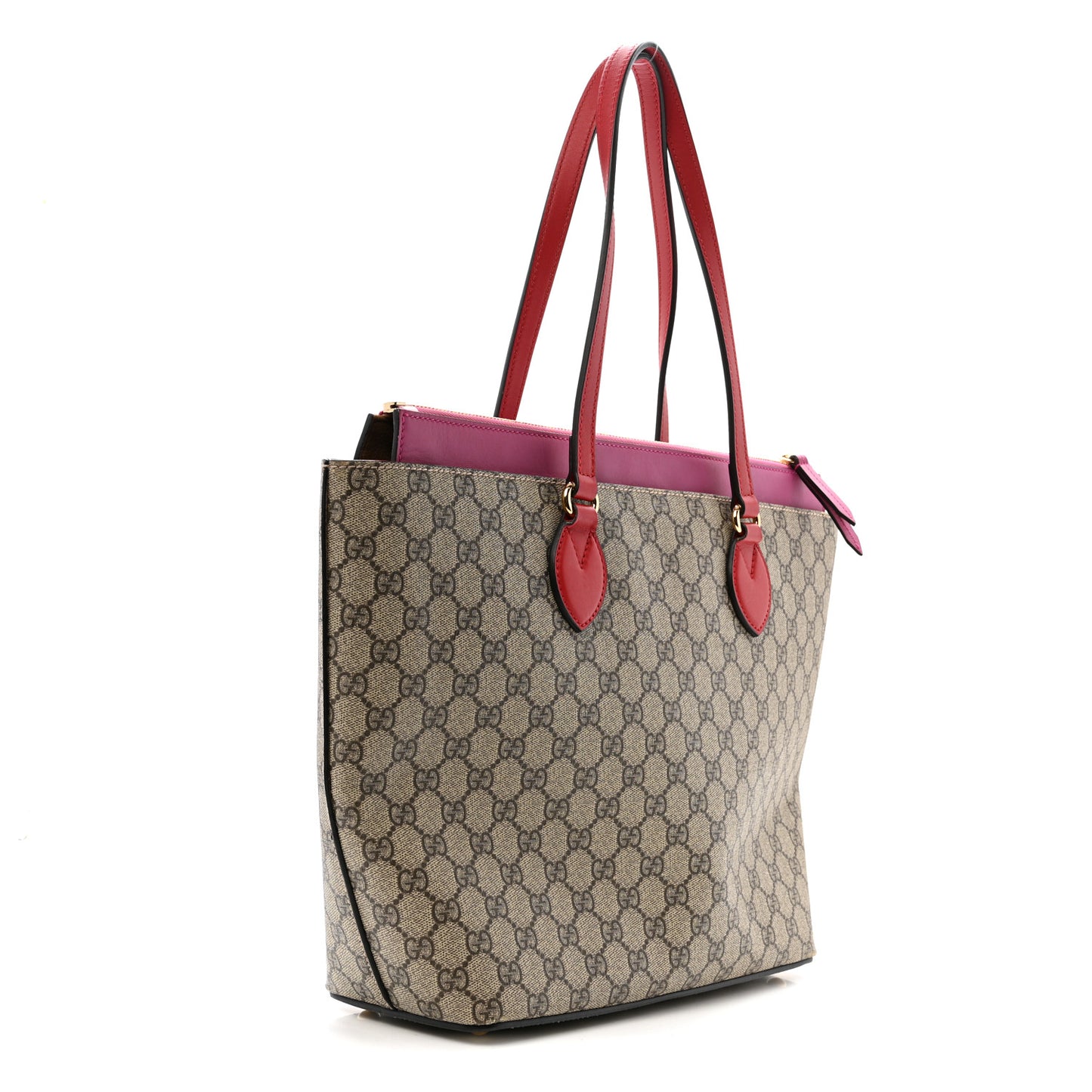 GG Supreme Monogram Medium Zippered Bucket Tote Beige Hibiscus Red New Rosette